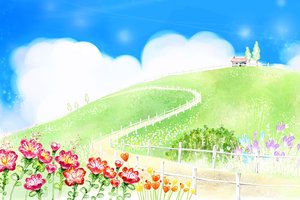 Обои на рабочий стол: дом, дорога, забор, зелень, лето, облака, рисунок, хижина, холм, цветы