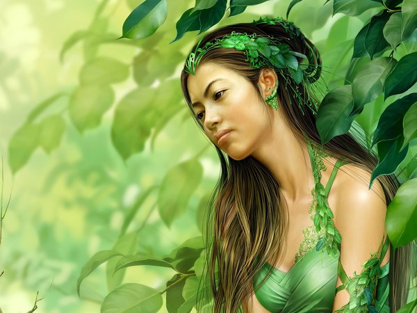 tang yuehui, азиатка, арт, девушка, деревья, дриада, лес, листья