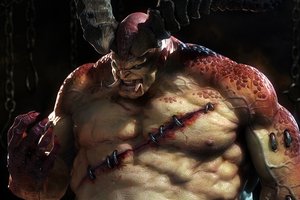 Обои на рабочий стол: Butcher, diablo, бивни, кровь, монстр, рана, рога, цепи