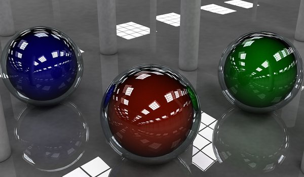 Обои на рабочий стол: зеленый, красный, отражение, синий, сферы, фон, шары