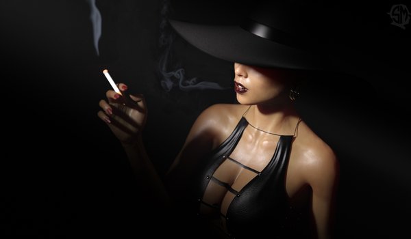Обои на рабочий стол: девушка, дым, рендеринг, сигарета, черное, черный фон, шляпа