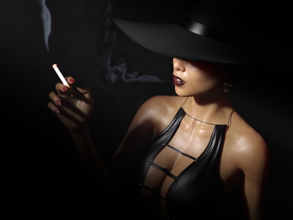 девушка, дым, рендеринг, сигарета, черное, черный фон, шляпа