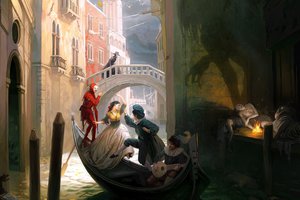 Обои на рабочий стол: венеция, крыса, лодка, люди, мост, огонь, танец, тень