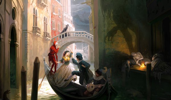 Обои на рабочий стол: венеция, крыса, лодка, люди, мост, огонь, танец, тень