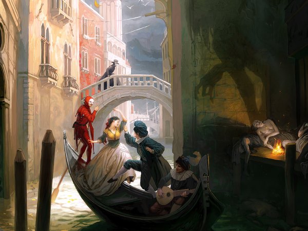 венеция, крыса, лодка, люди, мост, огонь, танец, тень