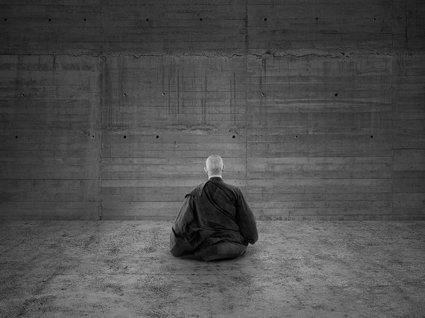 медитация, монах, стена, черно белый