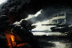 Обои на рабочий стол: арт, дым, здание, оружие, пепел, пехота, свет, солдаты, танк