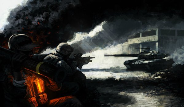 Обои на рабочий стол: арт, дым, здание, оружие, пепел, пехота, свет, солдаты, танк