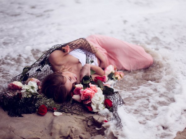 девушка, море, сети, ситуация, цветы