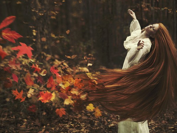 волосы, девушка, листья, осень, ситуация
