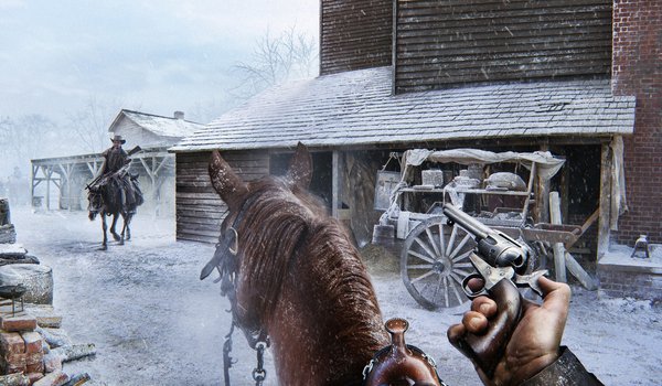 Обои на рабочий стол: encounter, город, зима, лошадь, револьвер