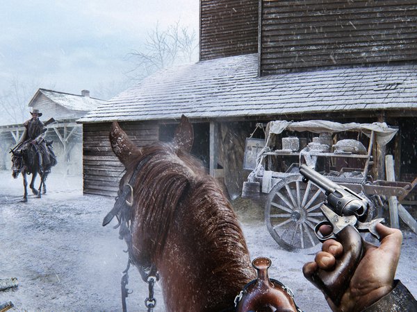 encounter, город, зима, лошадь, револьвер