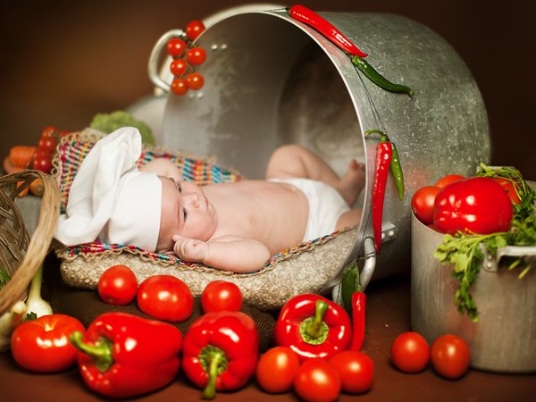 Анна Леванкова, дети, еда, зелень, кастрюля, овощи, перец, поварёнок, помидоры, ребёнок