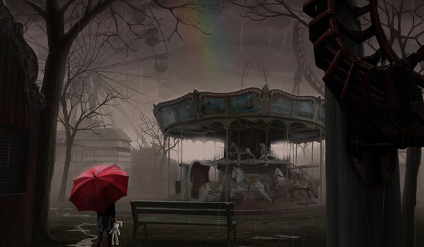 Обои на рабочий стол: арт, аттракцион, белый, девушка, дождь, зонт, игрушка, карусель, кролик, радуга, скмейка