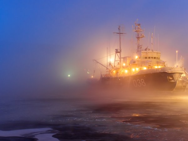 корабль, лед, огни, порт, туман