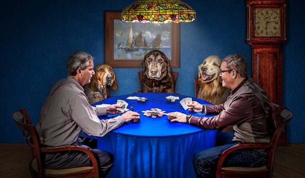 Обои на рабочий стол: игра, карты, мужчины, покер, собаки, фишки, часы