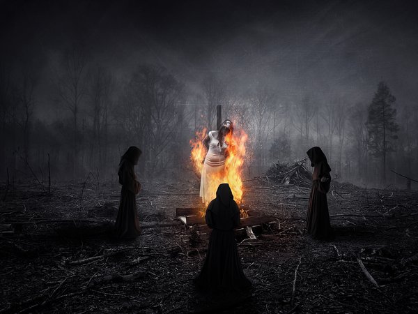 ведьма, горит, лес, люди, ночь, облачения, огонь, ритуал, трое