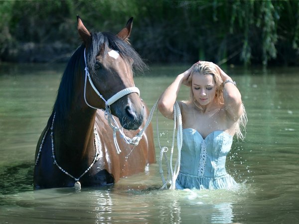 bare shoulders, beautiful girl, blonde, charm, horse, standing in the water, trees, water, white dress, белое платье, блондинка, вода, деревья, красивая девушка, лошадь, обнаженные плечи, очарование, стоя в воде