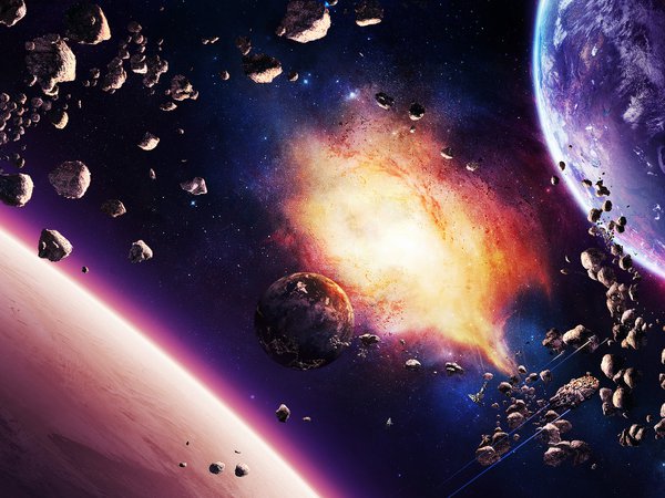 астероиды, звезды, корабли, планеты, туманность