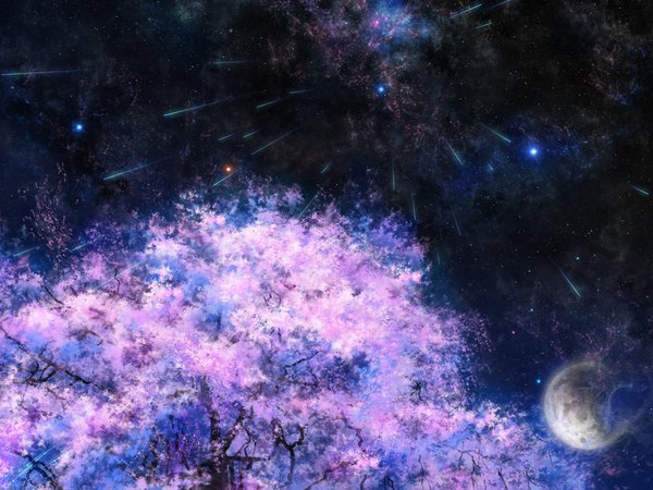 tsujiki, арт, дерево, звезды, космос, луна, ночь, сакура