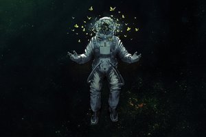 Обои на рабочий стол: astronaut, space, арт, бабочки, космос, скафандр