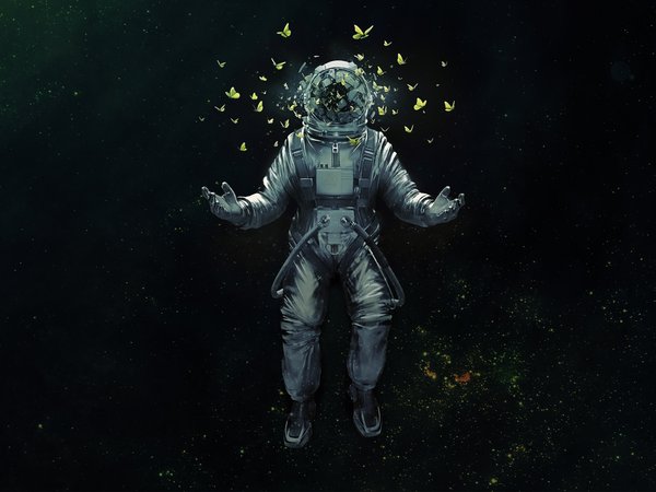 astronaut, space, арт, бабочки, космос, скафандр