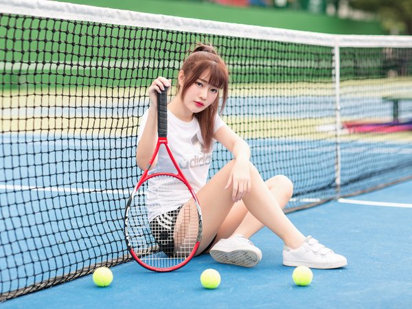 athlete, beautiful asian, look, mesh, model posing, red hair, tennis court, взгляд, красивая азиатка, модель позирует, ракетка, рыжие волосы, сетка, спортсменка, теннисный корт