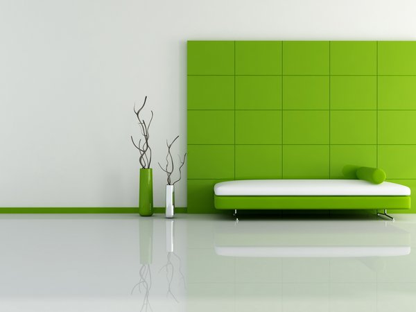 вазы, зеленый, квадраты, кровать, минимализм
