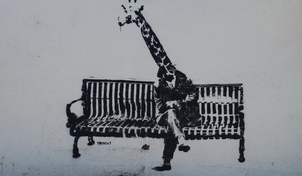 Обои на рабочий стол: граффити, жираф, скамейка, стена, человек