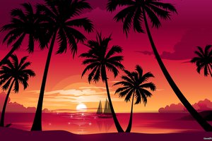 Обои на рабочий стол: вектор, закат, кораблик, море, пальмы, пляж, природа, солнце