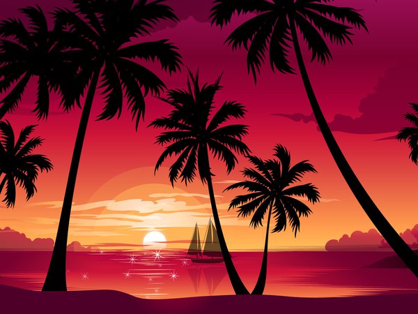 вектор, закат, кораблик, море, пальмы, пляж, природа, солнце
