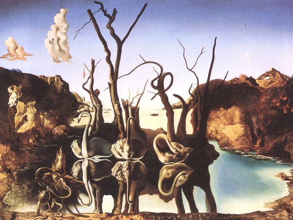 1937 год, salvador dali, живописец, картина, лебеди, отражающиеся в слонах, сальвадор дали, сюрреализм, художник