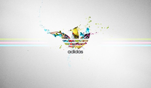 Обои на рабочий стол: adidas, логотип, надпись, полосы, серый фон, спорт, фирма, цвета