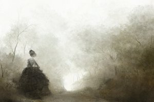 Обои на рабочий стол: дама, девушка, деревья, дорога, одиночество, пышное платье, туман, черное