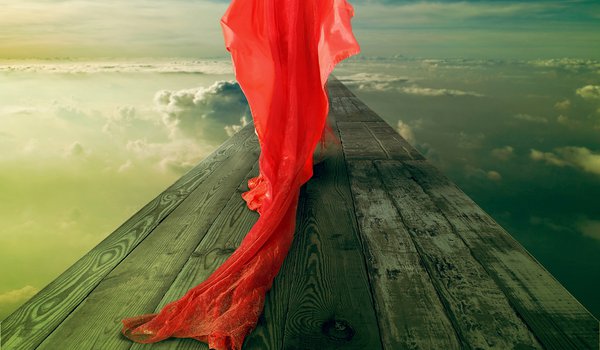 Обои на рабочий стол: The Red, девушка в красном платье, кольцо, мост, небо, облака, шлейф