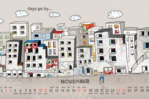 Обои на рабочий стол: 2012, november, город, дома, календарь, ноябрь, рисунок, человек, числа