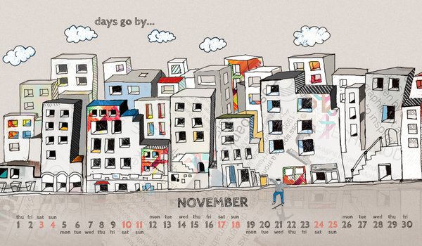 Обои на рабочий стол: 2012, november, город, дома, календарь, ноябрь, рисунок, человек, числа