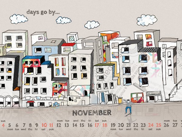 2012, november, город, дома, календарь, ноябрь, рисунок, человек, числа