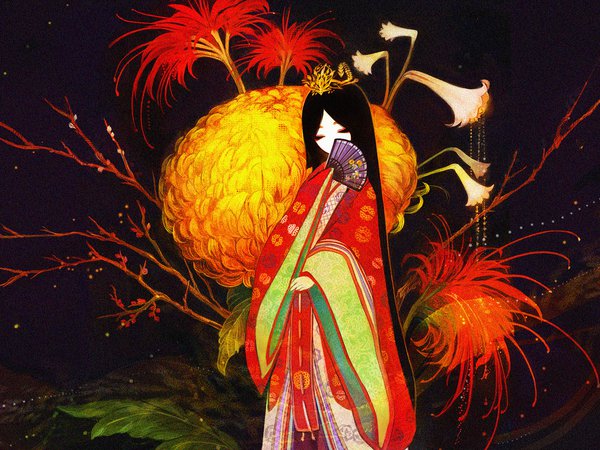 веер, девушка, кимоно, рисунок, хризантемы