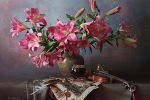 Обои на рабочий стол: Андрей Морозов, бокал вина, ваза, лилии, натюрморт, перо, скрипка, стиль, фон, цветы