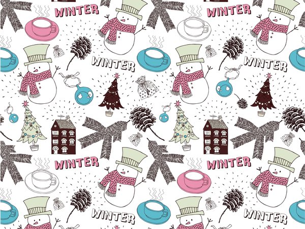 дом, елка, зима, мешок, новый год, рождество, снеговик, чашка, шар