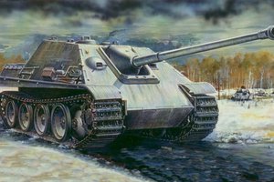 Обои на рабочий стол: Jagdpanther, Ostfront, война, зима, истребитель танков, т-34