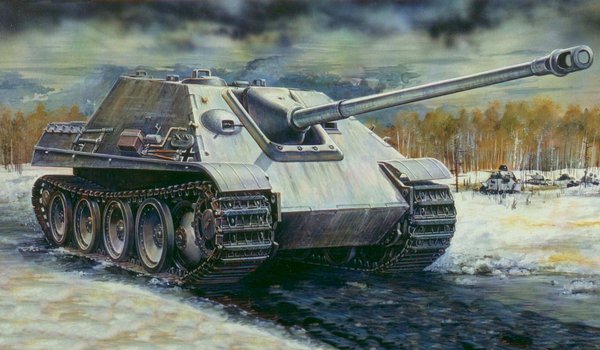 Обои на рабочий стол: Jagdpanther, Ostfront, война, зима, истребитель танков, т-34