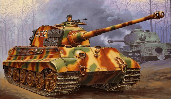 Обои на рабочий стол: henschel turret, Königstiger, PzKpfw VI Ausf. B, Sd. Kfz. 182, Tiger II, вермахт, вторая мировая, королевский тигр, немцы, рисунок, тигр 2, тяжелый танк