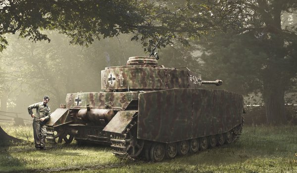 Обои на рабочий стол: Pz-IV, вермахт, германия, лес, немцы, Рисованное фото, солдат, танк