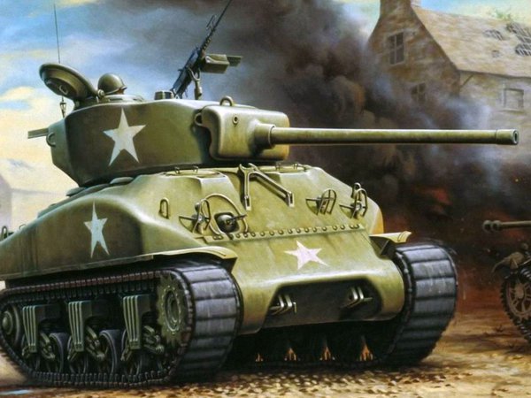 M4, арт, война, дым, разруха, рисунок, танк, шерман