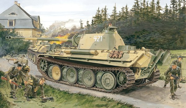 Обои на рабочий стол: Ausf. G, Ausführung G, Panther, Panzerkampfwagen V, PzKpfw V, Sd. Kfz. 171, немецкий, пантера, Поздняя модификация, рисунок, Средне-тяжёлый танк