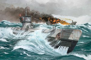 Обои на рабочий стол: U-Boat Type VII C, война, подводная лодка, рисунок
