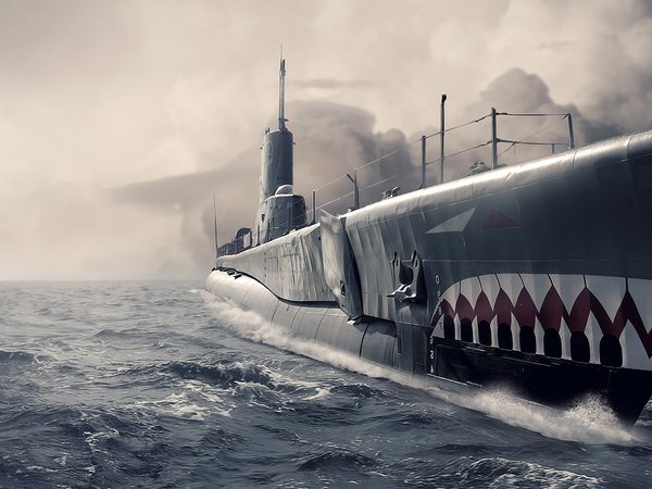 Submarine, арт, нос, океан, подводная лодка