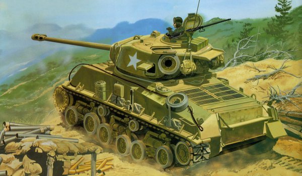 Обои на рабочий стол: 1950—1953гг., A3E8, M4, Sherman, арт, артиллерийской, в, используется, качестве, Корейская война, по, позициям., северокорейским, средний, стрельбы, танк